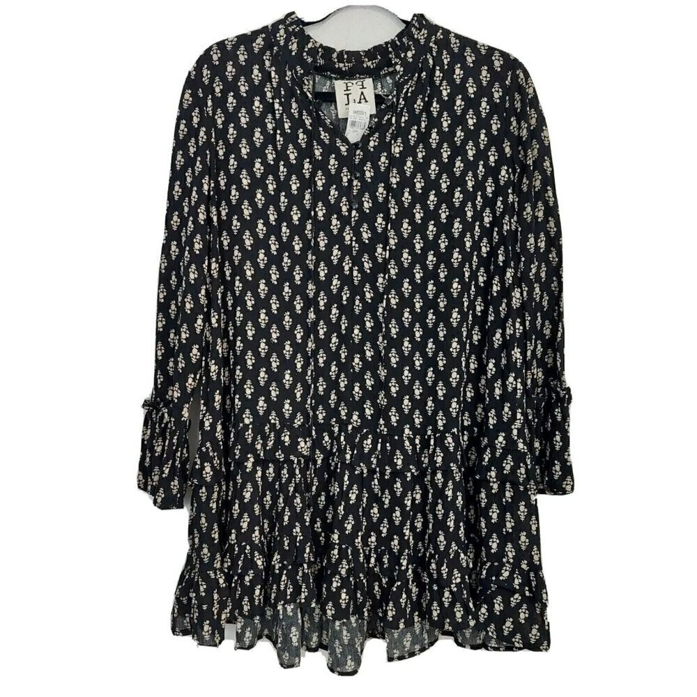 PPLA Womens Black Floral Short Tiered Ruffled Long Sleeve Tunic Dress Size M